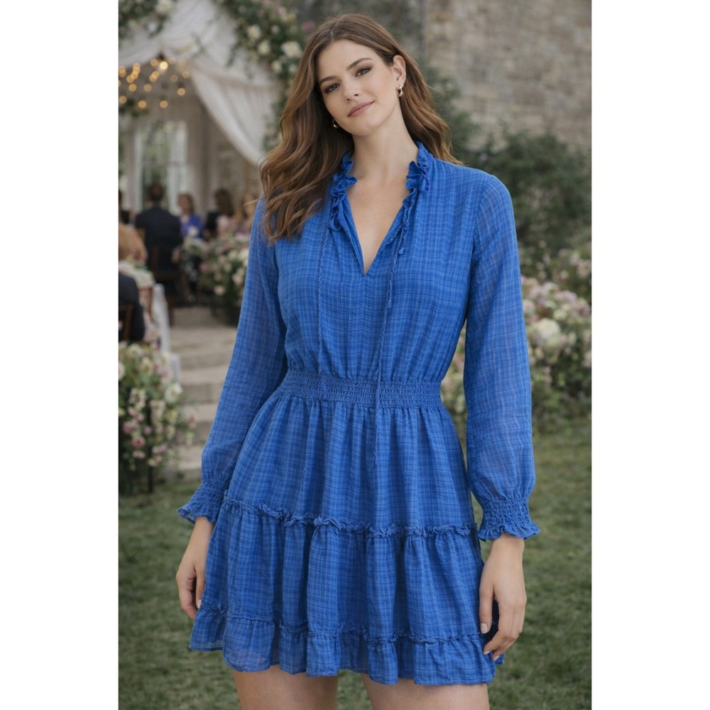 NSR Royal Blue Plaid Ruffle Mini Dress Smocked Waist Long Sleeve Size L boho
